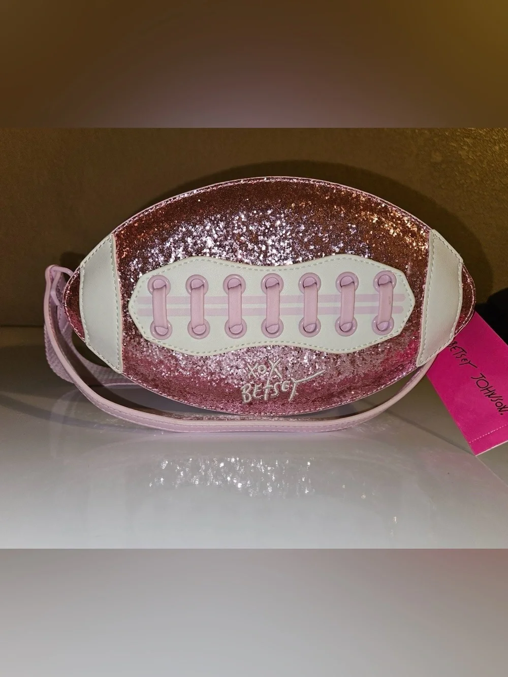 Betsey Johnson Pink Glitter Football Crossbody Bag